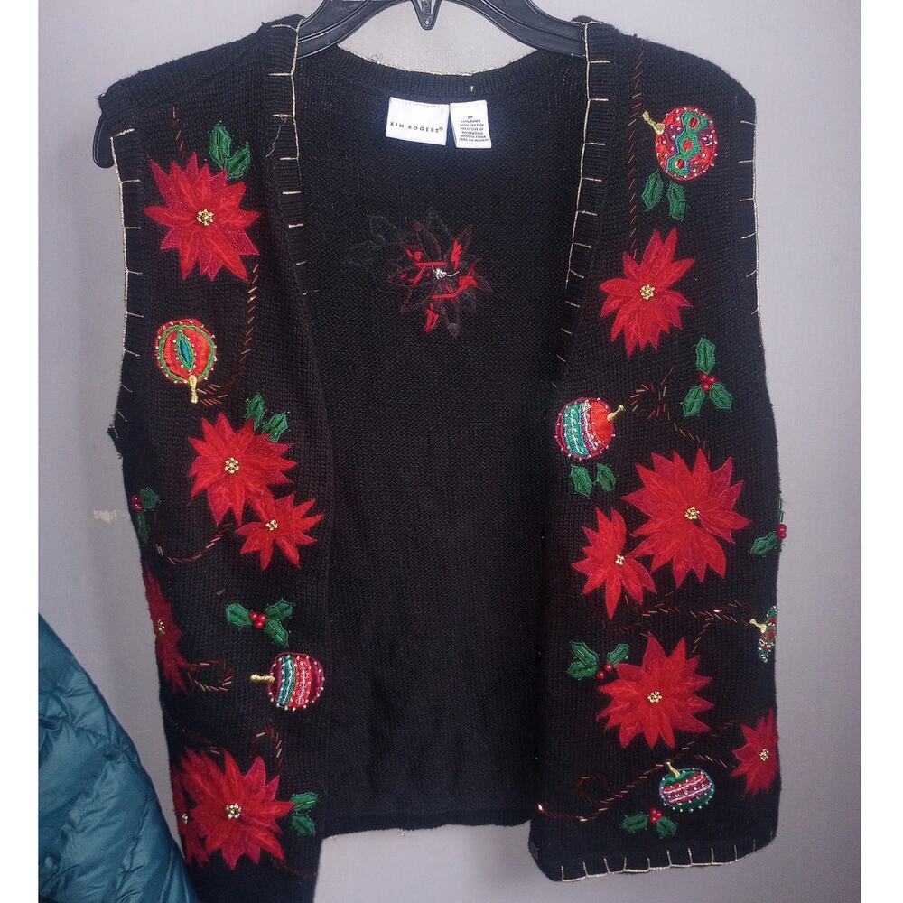 Women's Poinsettia VTG Ugly‎ Christmas Sweater Holiday Vest Beaded Med